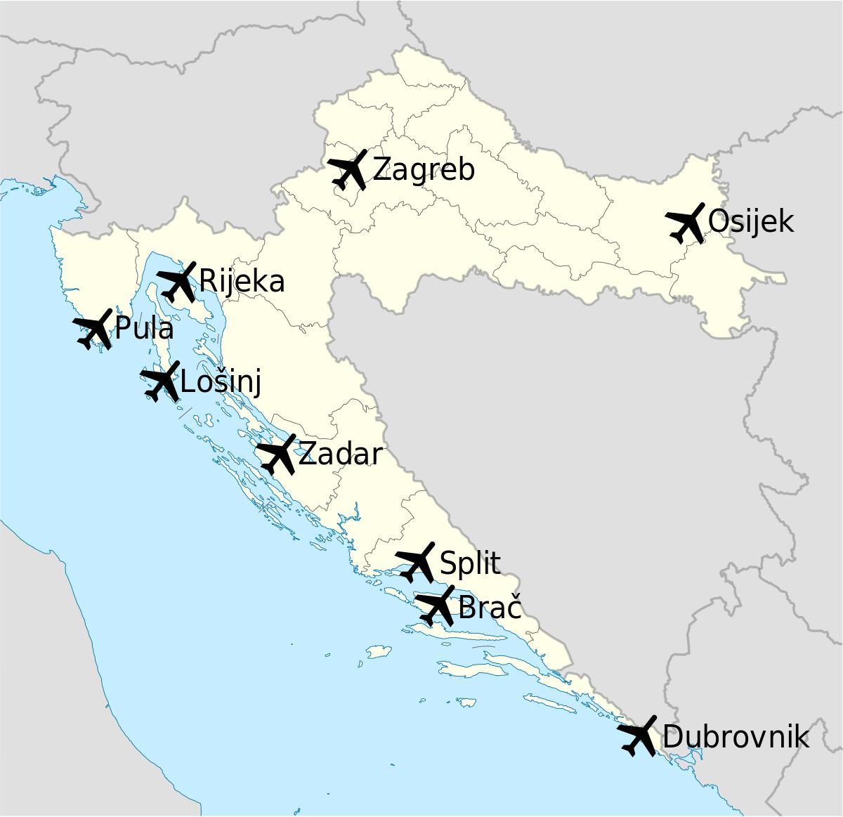 mapa de croacia mostrando los aeropuertos