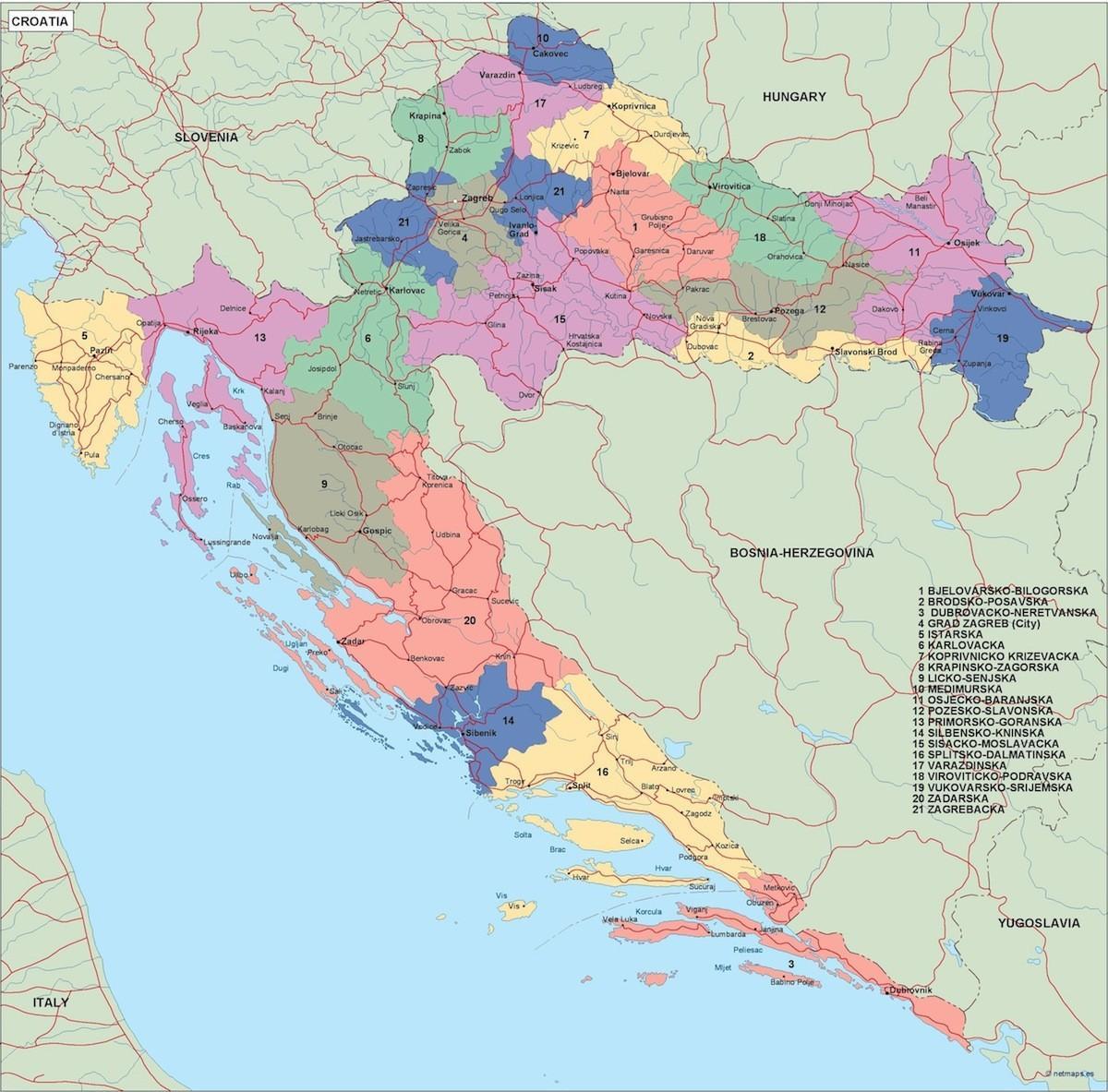 mapa de croacia político 