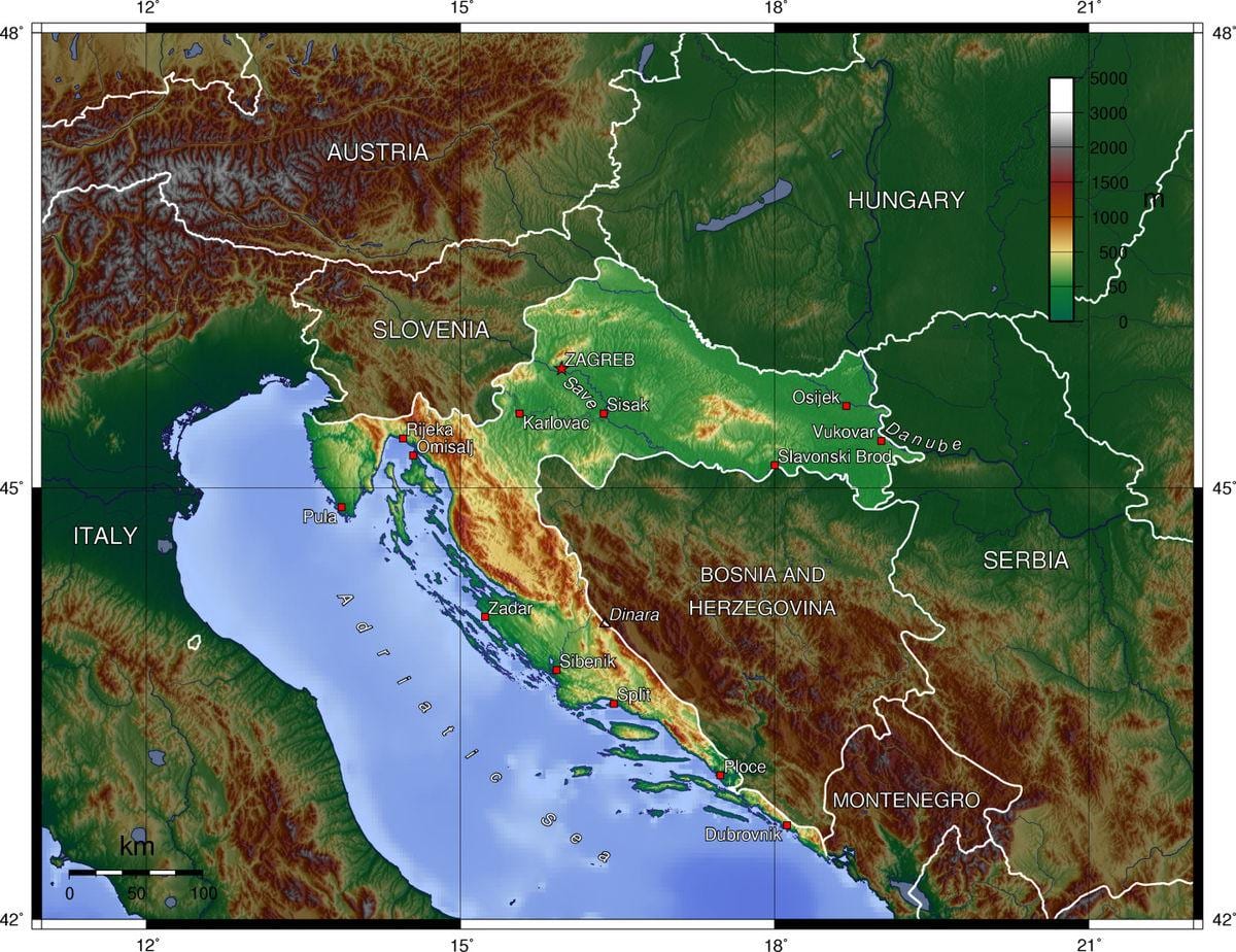 el mapa topográfico de croacia 