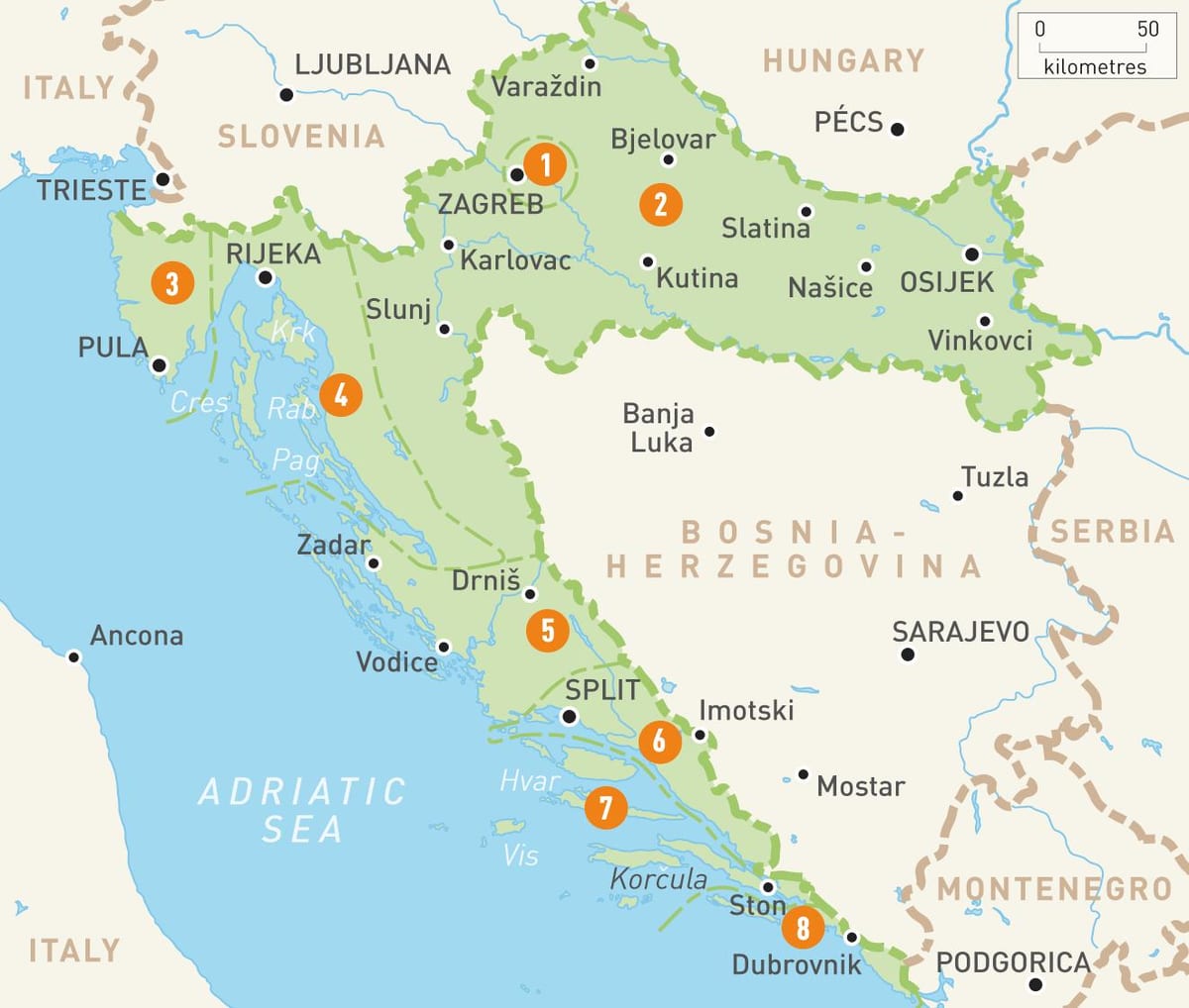 mapa de regiones de croacia