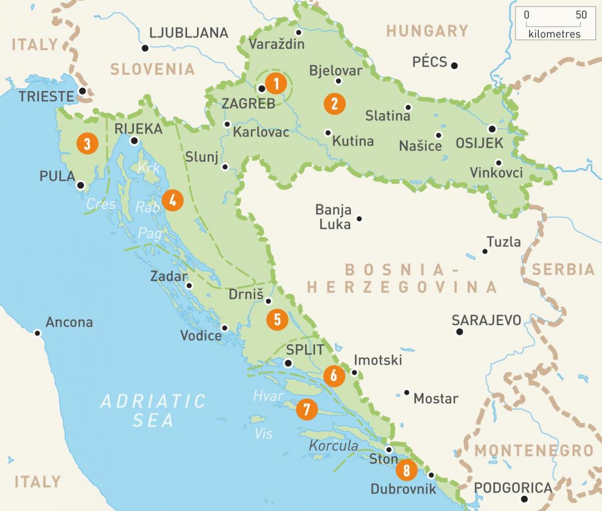 mapa de croacia y las islas